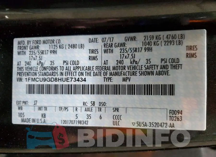 1FMCU9GD8HUE73434 Photo# 13