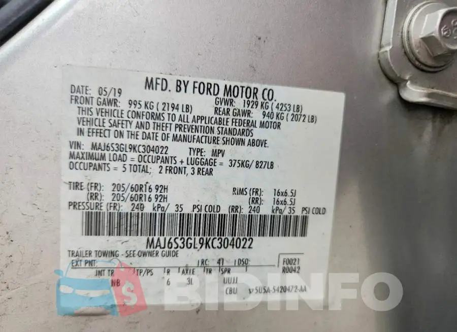 MAJ6S3GL9KC304022 Photo# 12