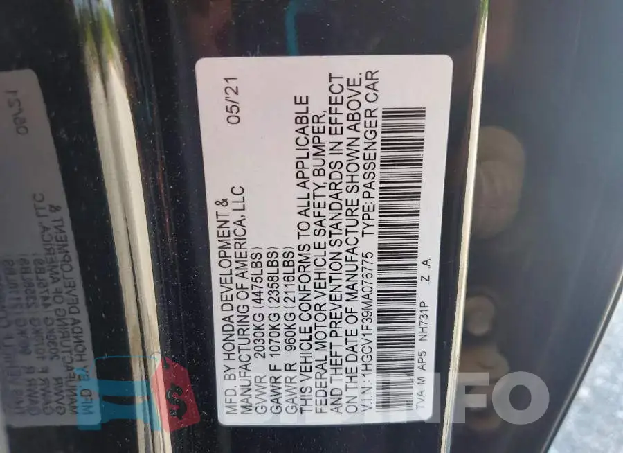 1HGCV1F39MA076775 Photo# 12