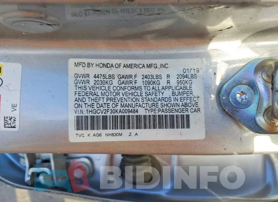 1HGCV2F30KA009484 Photo# 12
