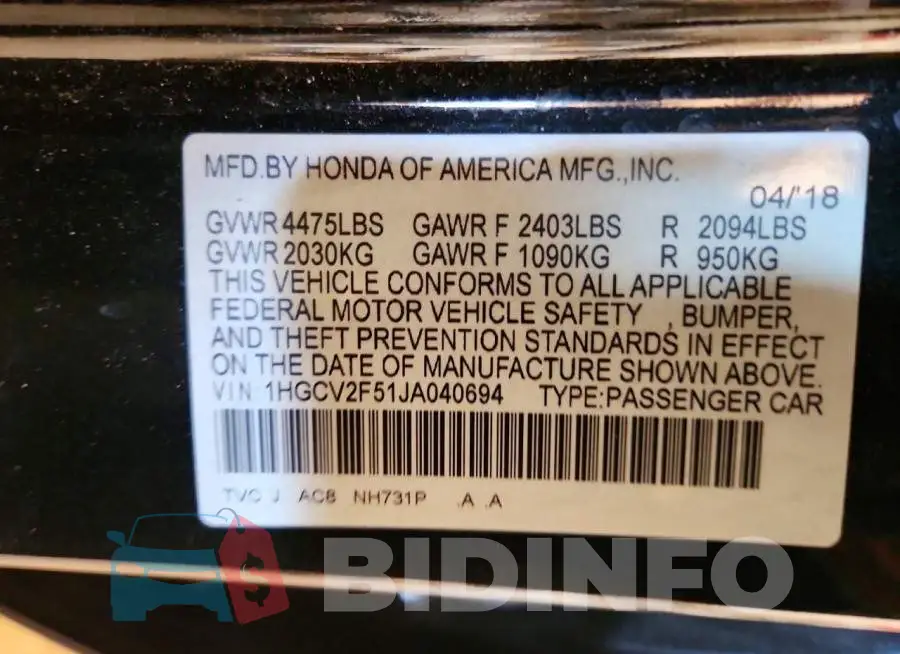 1HGCV2F51JA040694 Photo# 12