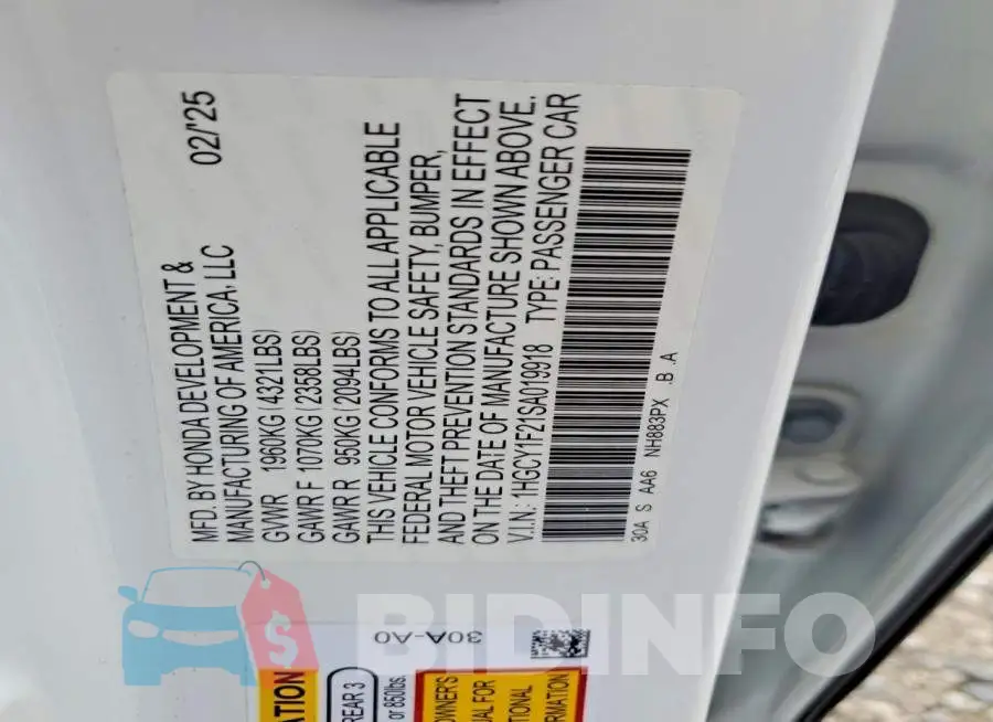 1HGCY1F21SA019918 Photo# 12