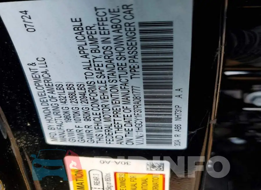 1HGCY1F37RA081777 Photo# 12