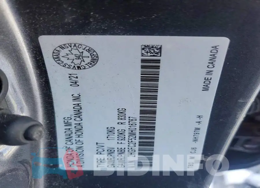 2HGFC2F52MH016767 Photo# 12