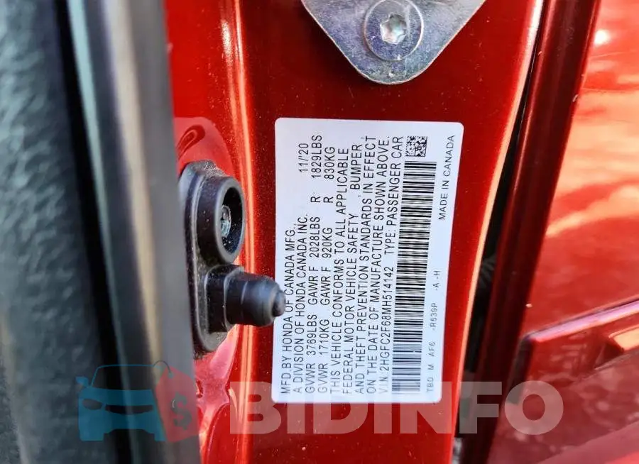2HGFC2F68MH514142 Photo# 12