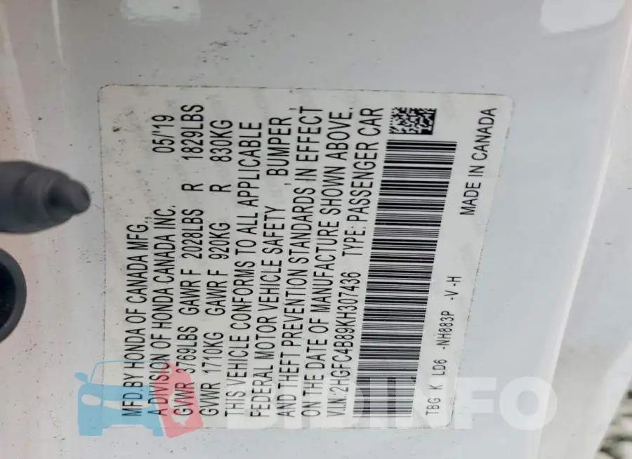2HGFC4B89KH307436 Photo# 13
