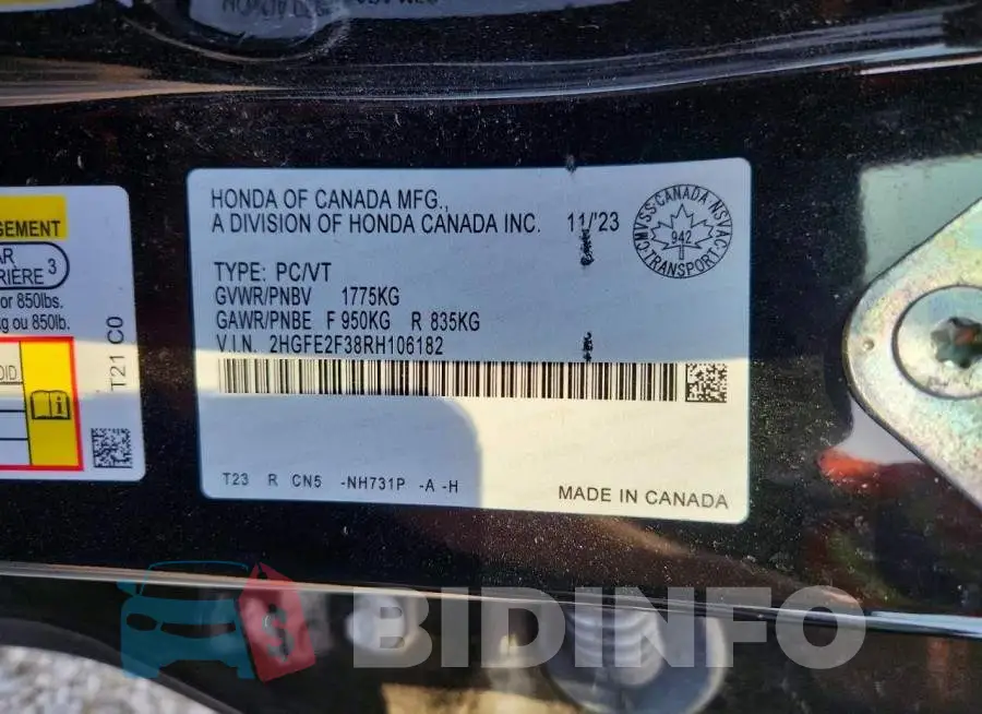 2HGFE2F38RH106182 Photo# 12