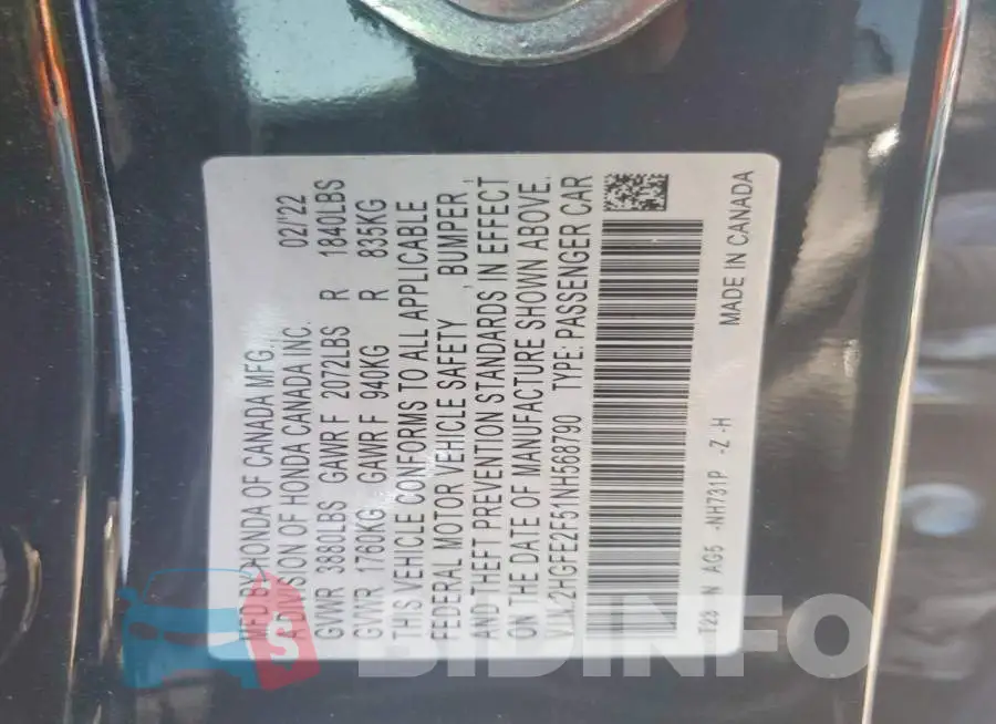 2HGFE2F51NH568790 Photo# 12