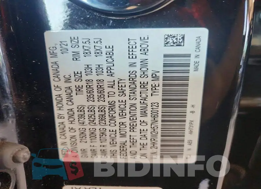 2HKRW2H57NH600123 Photo# 13