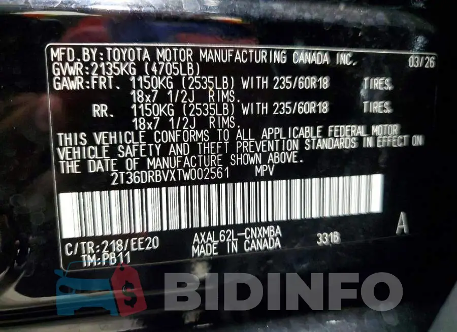 2T36DRBVXTW002561 Photo# 13