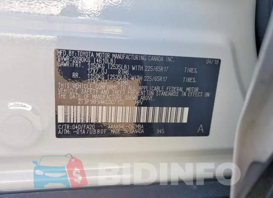 2T3P1RFV4KC007150 Photo# 12