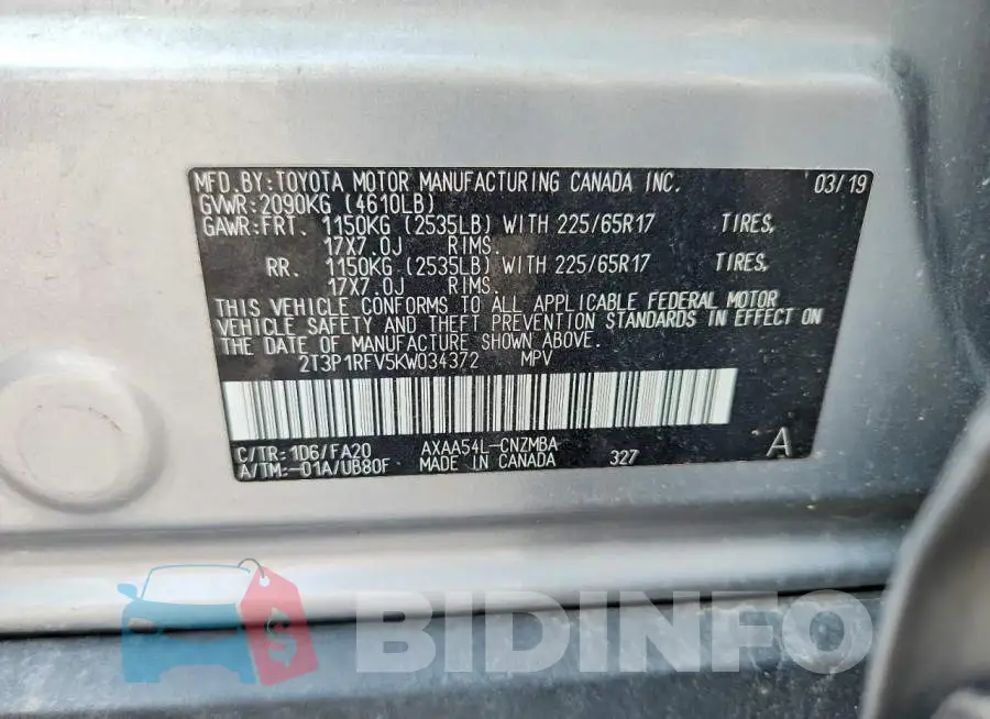 2T3P1RFV5KW034372 Photo# 12