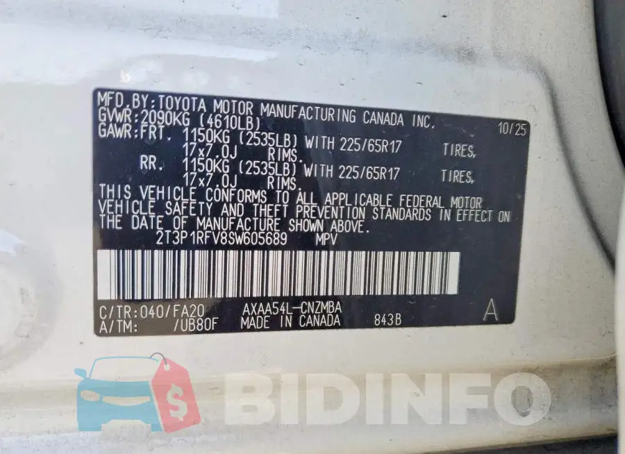 2T3P1RFV8SW605689 Photo# 13