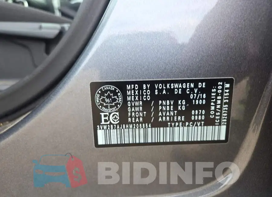 3VW2B7AJ8HM206854 Photo# 12