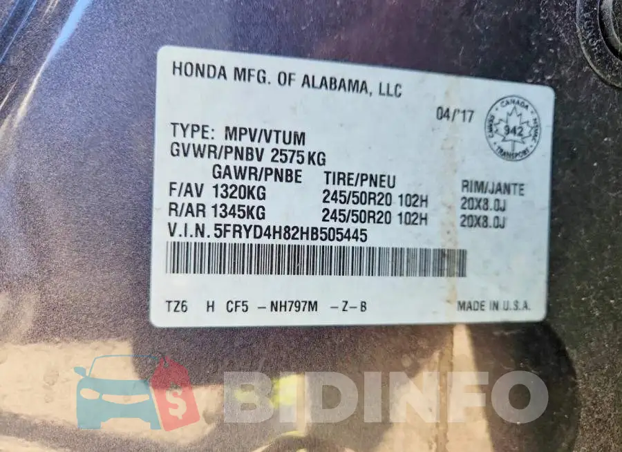 5FRYD4H82HB505445 Photo# 14