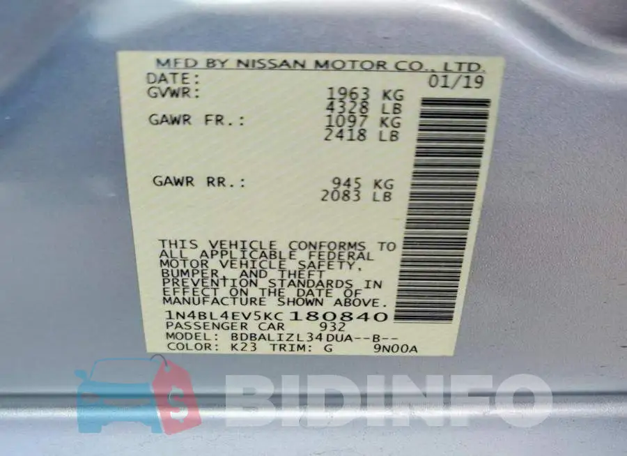 1N4BL4EV5KC180840 Photo# 13