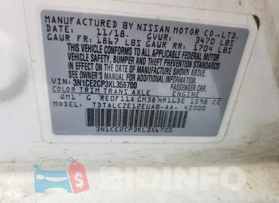 3N1CE2CP3KL356700 Photo# 12