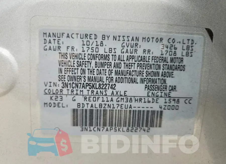 3N1CN7AP5KL822742 Photo# 12