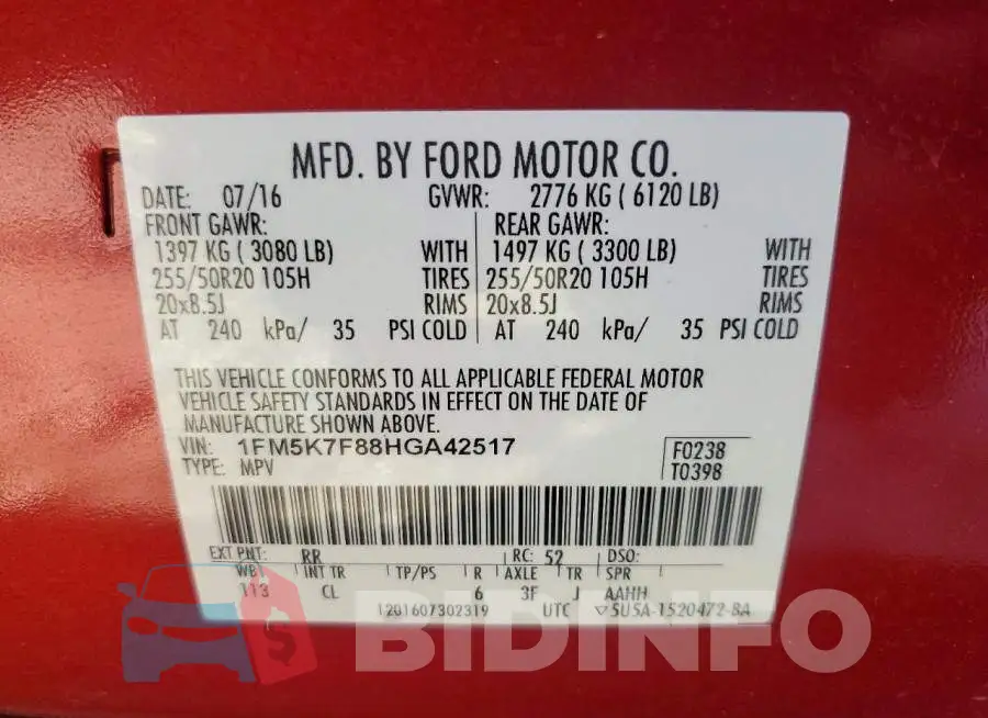 1FM5K7F88HGA42517 Photo# 13