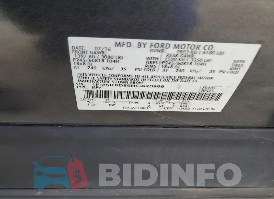 1FM5K8D89HGA20969 Photo# 13
