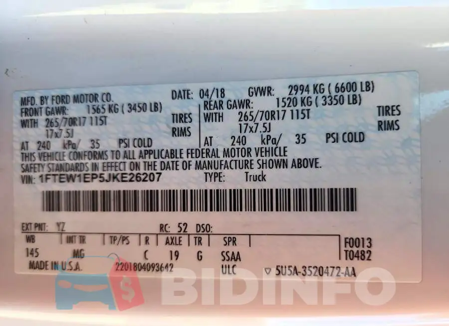 1FTEW1EP5JKE26207 Photo# 12