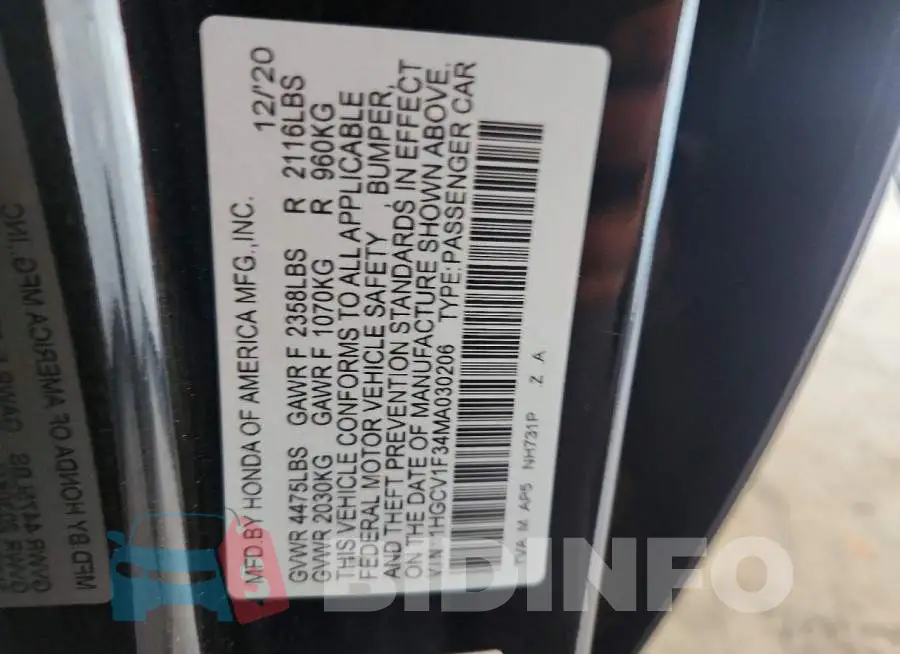 1HGCV1F34MA030206 Photo# 12