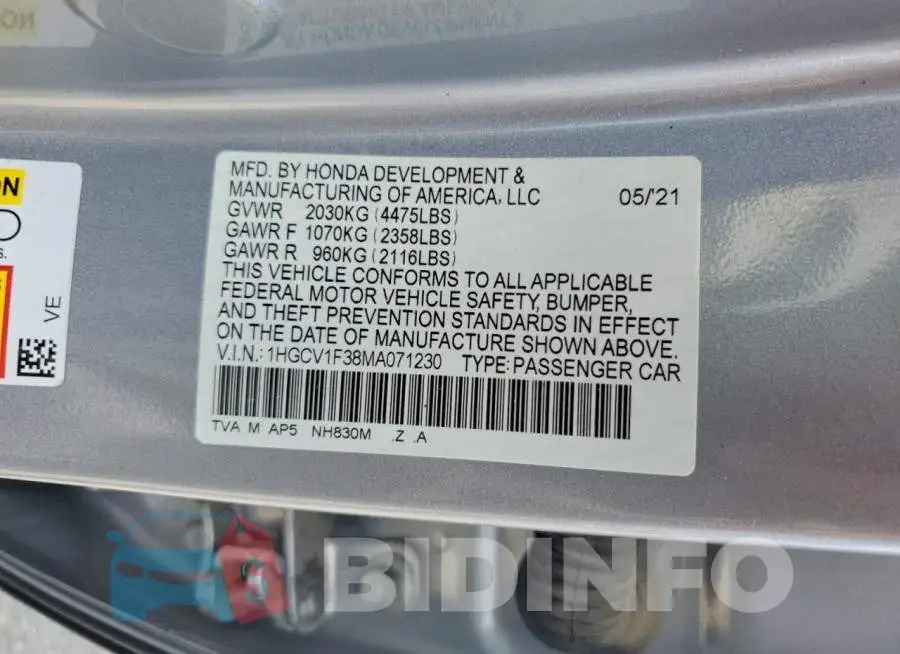 1HGCV1F38MA071230 Photo# 12