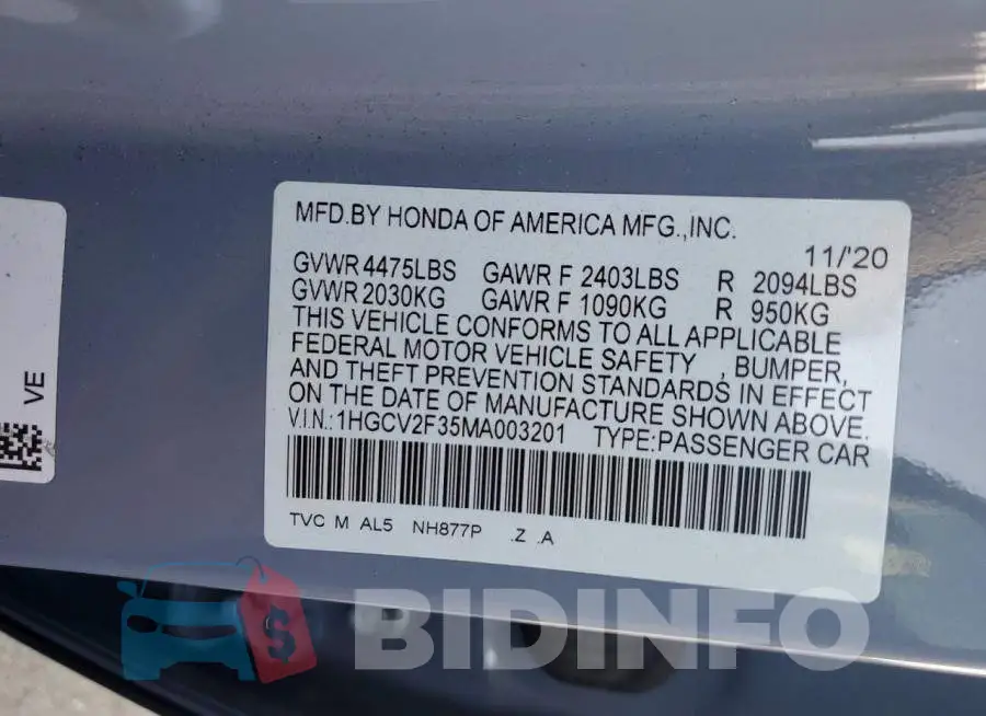 1HGCV2F35MA003201 Photo# 12