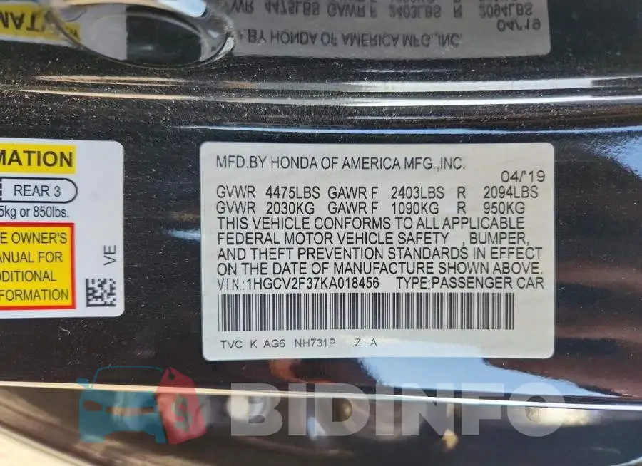 1HGCV2F37KA018456 Photo# 12