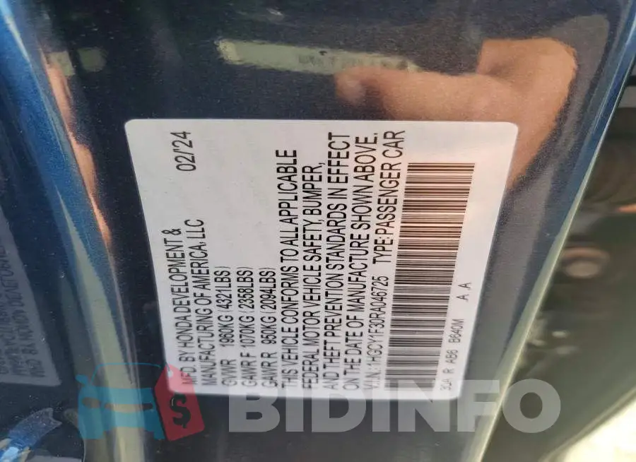 1HGCY1F30RA046725 Photo# 13
