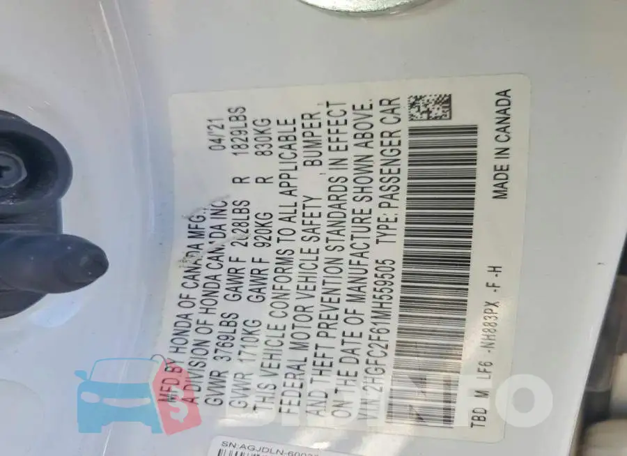 2HGFC2F61MH559505 Photo# 12