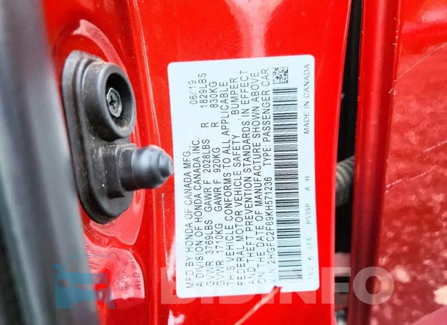 2HGFC2F69KH571236 Photo# 12