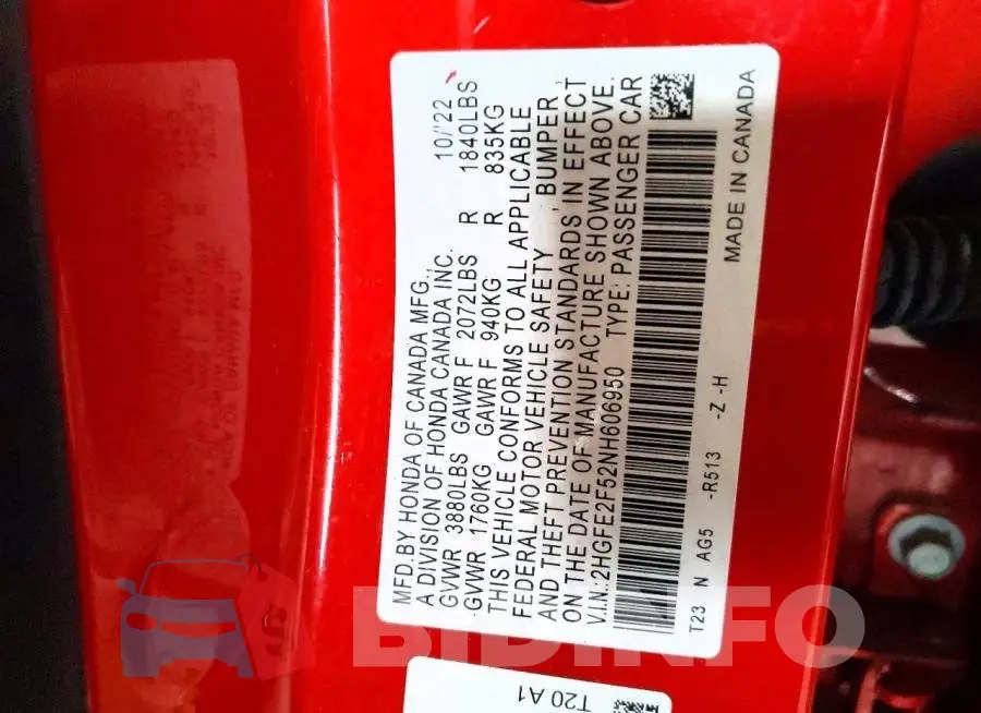 2HGFE2F52NH606950 Photo# 13