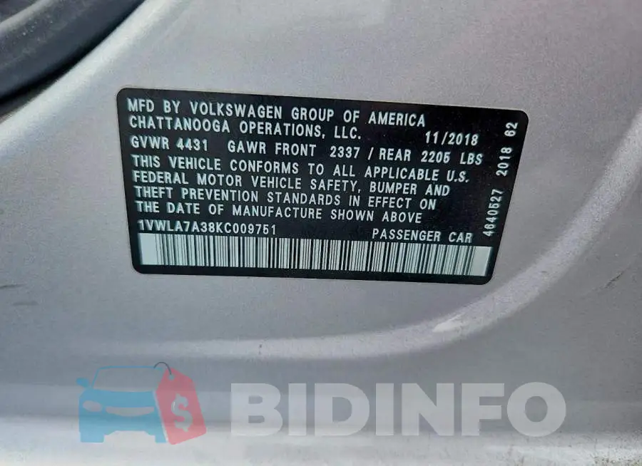 1VWLA7A38KC009751 Photo# 12