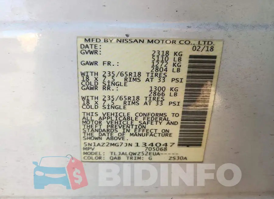5N1AZ2MG7JN134047 Photo# 13