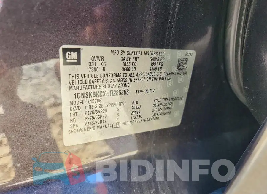 1GNSKBKCXHR286363 Photo# 13