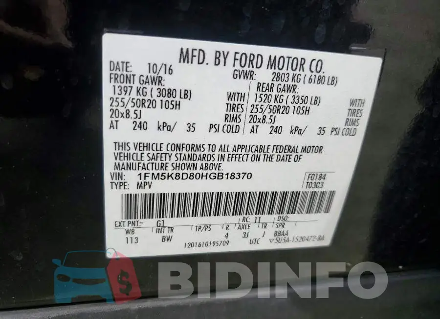 1FM5K8D80HGB18370 Photo# 13