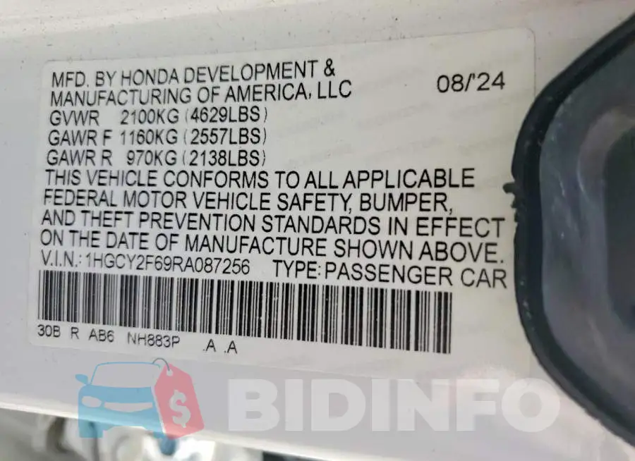 1HGCY2F69RA087256 Photo# 13