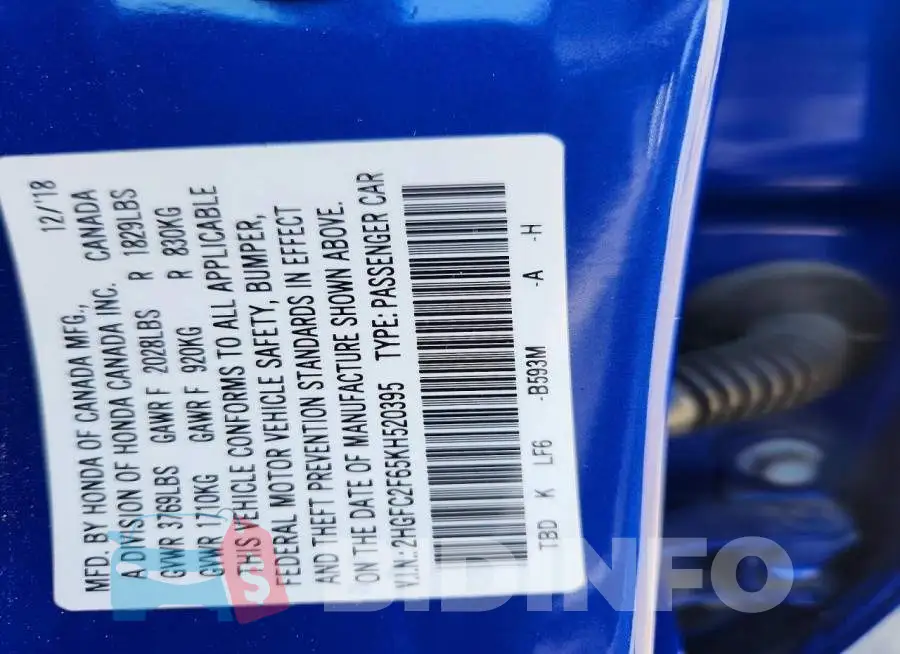 2HGFC2F65KH520395 Photo# 12