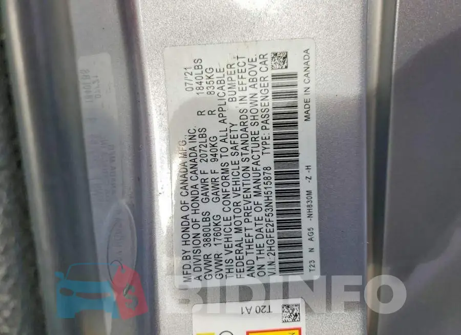 2HGFE2F53NH515878 Photo# 12