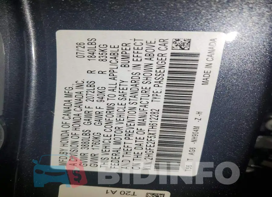 2HGFE2F5XTH612282 Photo# 12