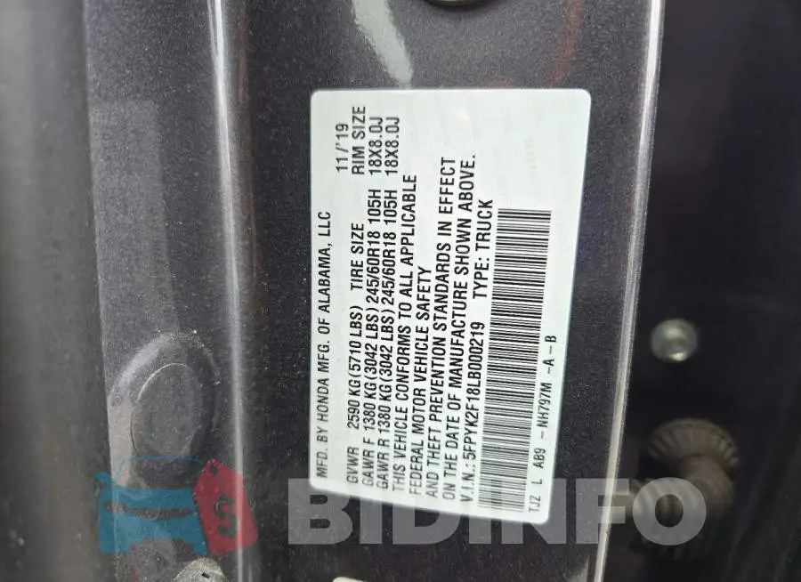 5FPYK2F18LB000219 Photo# 12