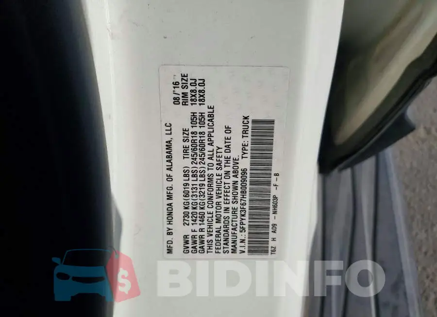 5FPYK3F67HB009096 Photo# 12
