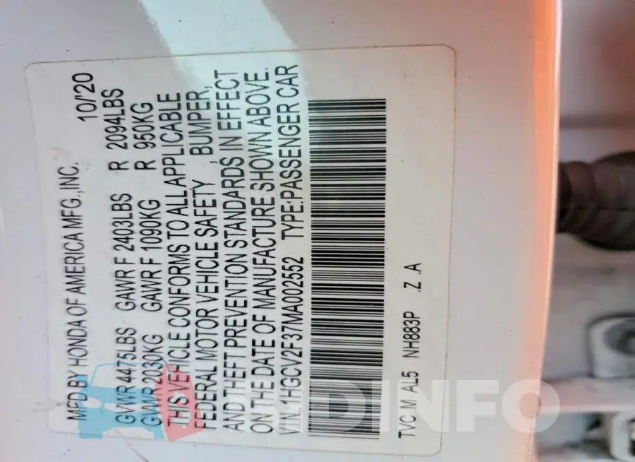 1HGCV2F37MA002552 Photo# 12