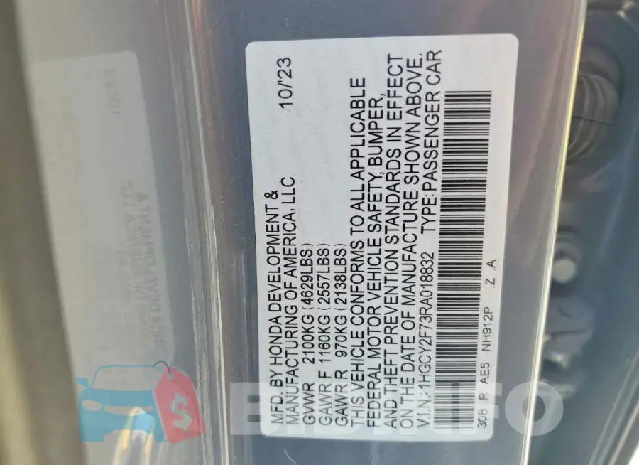 1HGCY2F73RA018832 Photo# 12