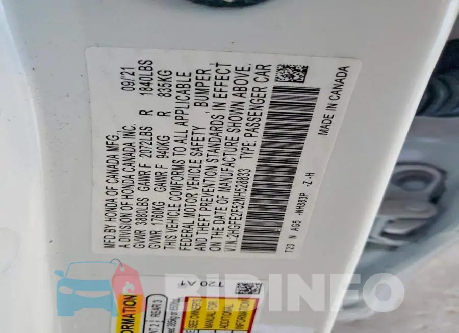 2HGFE2F52NH528833 Photo# 13