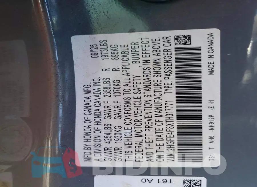 2HGFE4F8XTH317771 Photo# 12