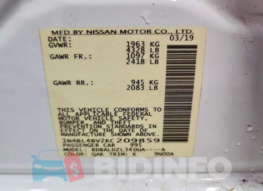 1N4BL4BV2KC209859 Photo# 13