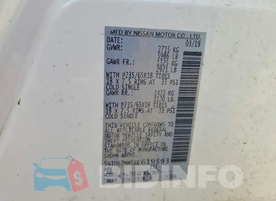 5N1DR2MM5KC619593 Photo# 13