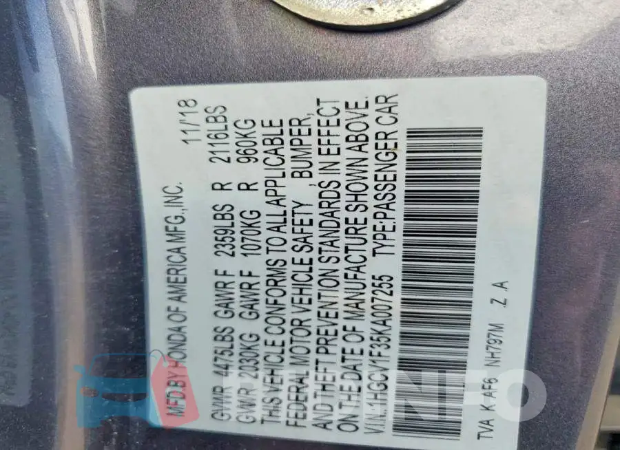 1HGCV1F35KA007255 Photo# 12